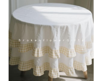 Round Linen Tablecloth – Plaid Ruffled Farmhouse Tablecloth