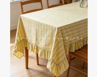 Striped Tablecloth With Ruffles – Rustic Table Cover Pure Cotton – Garden Dining Decor