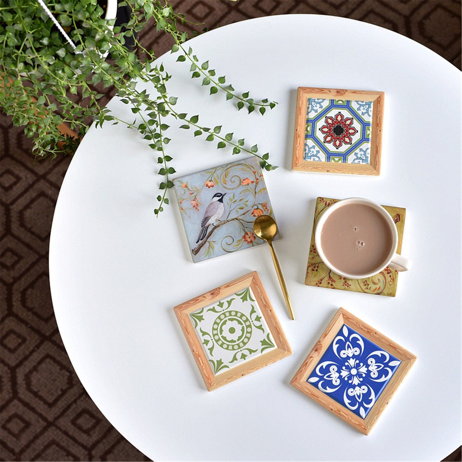 French vintage style ceramic coasters forest and bird table Etsy