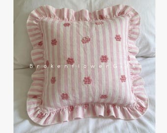 Pink Striped Ruffle Pillow Cover, Custom Size, Pure Cotton, Farmhouse Decor