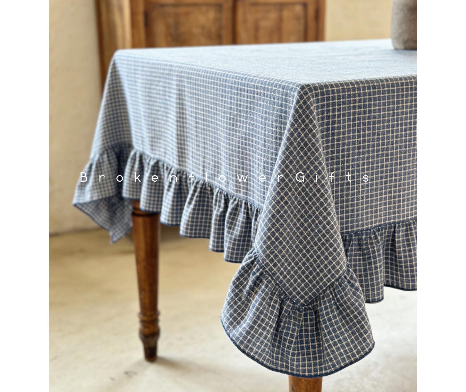Plaid Cotton Linen Tablecloth – Farmhouse Ruffled Table Cover - custom size