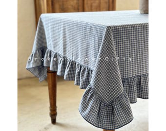 Plaid Cotton Linen Tablecloth – Farmhouse Ruffled Table Cover