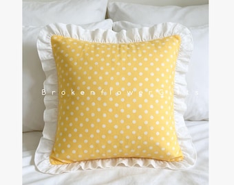 Cotton Pillow Cover, Yellow Polka Dots Pillowcase With Ruffle Edge