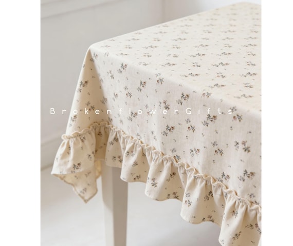Floral printed tablecloth - beige rustic tablecloth - small flower rectangle tablecloth  -  custom size ruffled tableclth