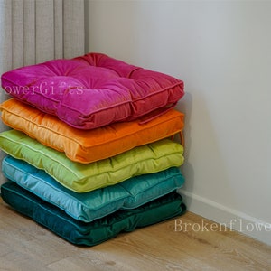 Velvet seat cushion with ties - thick seat pad - multi color floor cushions - thick seat cushion - chair cushion with ties - tuft cushion image 4