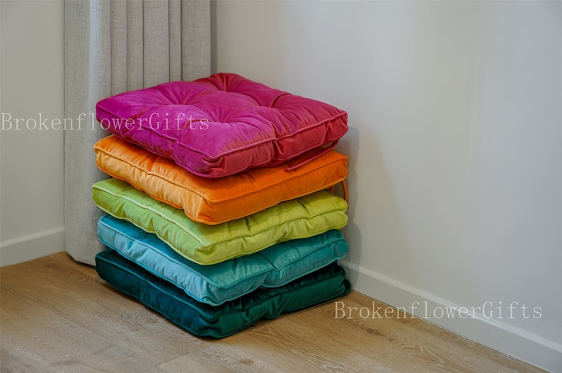 Velvet seat cushion with ties - thick seat pad - multi color floor cushions - thick seat cushion - chair cushion with ties - tuft cushion image 4