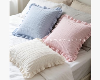 Cotton Triple Gauze Pillow Cover With Ruffles -  Soft Pillow Shame - Throw Pillow Cover
