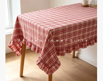 Red Plaid Cotton Tablecloth – Ruffled Farmhouse Table Cover - Christmas Table Decor