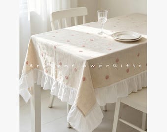 Embroidered Tablecloth With Ruffles – Custom Table Cover - Farmhouse Cotton Linen Table Decor