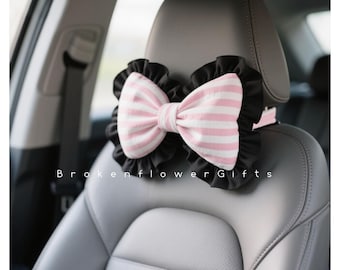 Striped Bow Car Pillow - Cute Cotton Travel Neck Support