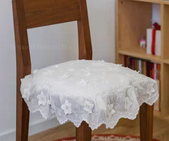 White Floral Lace Chair Pad – Embroidered Seat Cushion with Ties