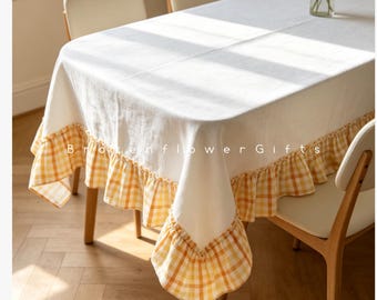 Creamy Tablecloth With Ruffles – Farmhouse Plaid Table Cover