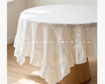 Floral Embroidered Cotton Lace Tablecloth - Rustic Ruffled Table Cover