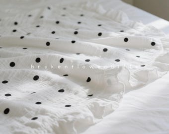 Bedsprei op maat, katoenen deken, witte gaasdoek met stippen, bedsprei in rustieke stijl met ruches, puur katoenen sprei