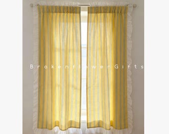 Handmade Yellow Stripes Cotton Cafe Curtains, Ruffled Rod Pocket Drapery