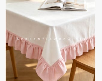 Pure Cotton Tablecloth – Pink Ruffled Farmhouse Tablecloth, Baby Shower Table Cover