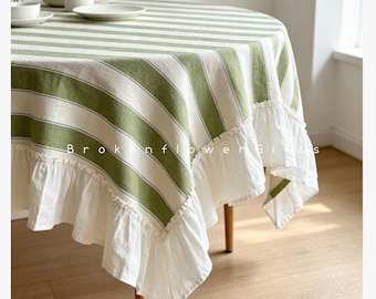 Green Striped Tablecloth – Farmhouse Ruffled Table Cover Canvas