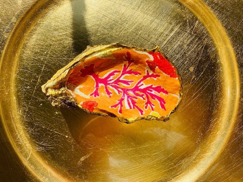 collector\u2019s item hostess gift birthday gift, Orange red Seaweed themed oyster shell decoupaged ring dish jewelry trinket