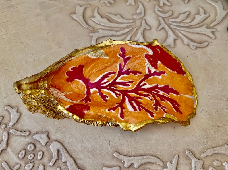 collector\u2019s item hostess gift birthday gift, Orange red Seaweed themed oyster shell decoupaged ring dish jewelry trinket