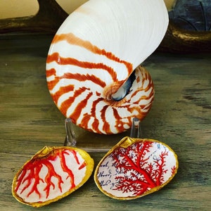 A Pair of 2 Orange Red Seaweed themed clam shell ring dishes, trinket, hostess gift, birthday gift for shell lover, collectible..