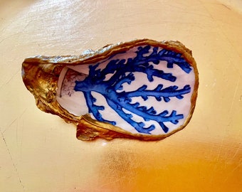 Handmade Oyster Ring Dish, Blue Chinoiserie Seaweed Trinket