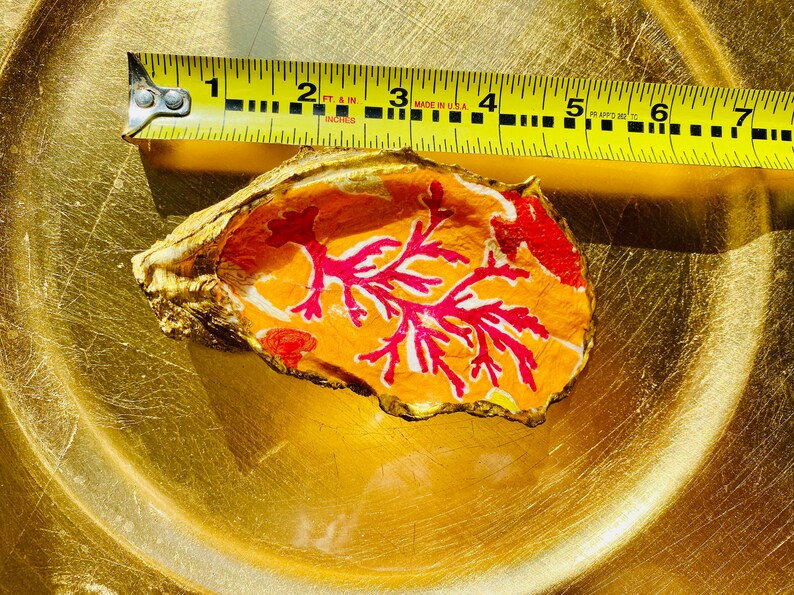 collector\u2019s item hostess gift birthday gift, Orange red Seaweed themed oyster shell decoupaged ring dish jewelry trinket