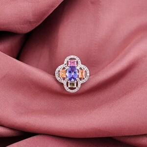 Natural Tanzanite & Natural Multi Sapphire with Pavé Diamond in 925 Silver Cluster Ring   Statement Cocktail Ring Elegant Fine Jewelry Gift