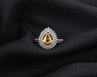 Pear Shaped Yellow Sapphire Ring–925 Sterling Silver Halo Ring with Diamonds –Vintage Engagement Ring Fine Jewelry Gift for Her Pave Diamond