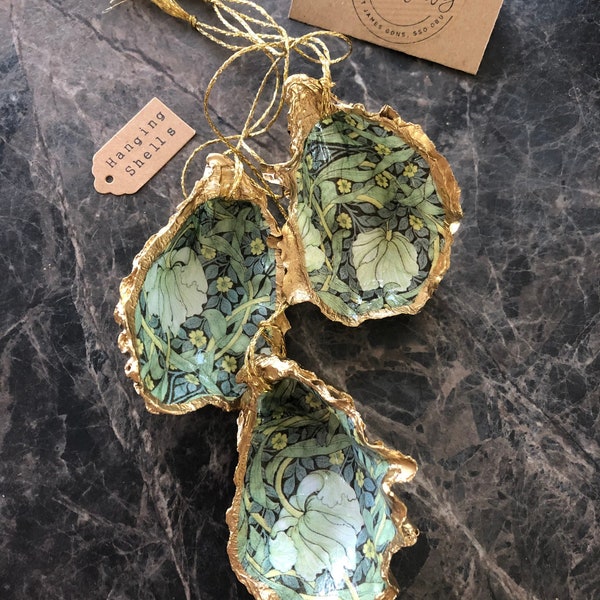 Hanging Gold Oyster Shell Decoration William Morris Pimpernel, Beautiful Shell Ornament in Floral Blue Green | Vanity Decor | Handcrafted UK