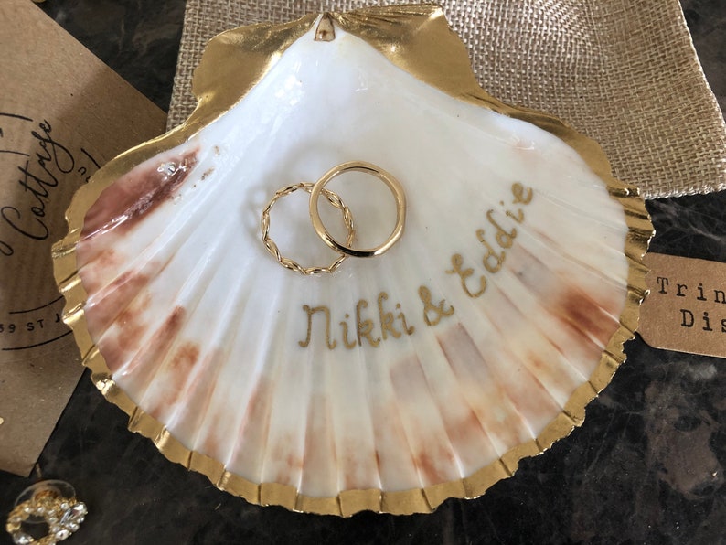 Engagement Ring Dish Personalised Date Gold Scallop Shell Trinket Dish Custom Ring Holder Proposal Idea or Wedding Gift Crafted UK image 3