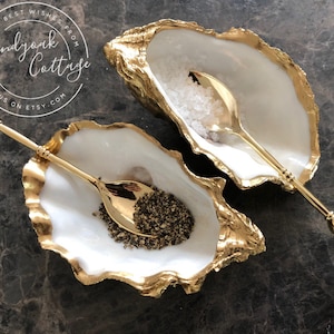 Pair of Gold Oyster Shell Salt & Pepper cruet dishes with golden spoons Salt Cellar Pinch pots Cruet Set made in UK by Brandyoak Cottage image 1