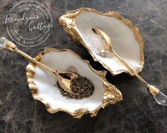 Pair of Gold Oyster Shell Salt & Pepper cruet dishes with golden spoons | Salt Cellar Pinch pots | Cruet Set made in UK by Brandyoak Cottage