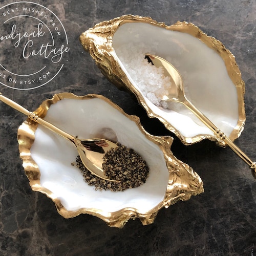 Pair of Gold Oyster Shell Salt & Pepper cruet dishes with golden spoons | Salt Cellar Pinch pots | Cruet Set made in UK by Brandyoak Cottage