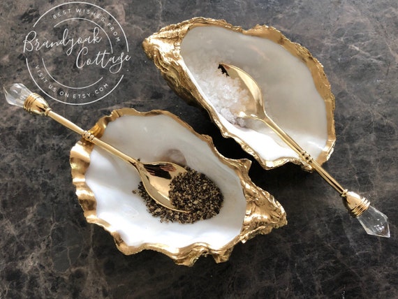 Pair of Gold Oyster Shell Salt & Pepper cruet dishes with golden spoons | Salt Cellar Pinch pots | Cruet Set made in UK by Brandyoak Cottage