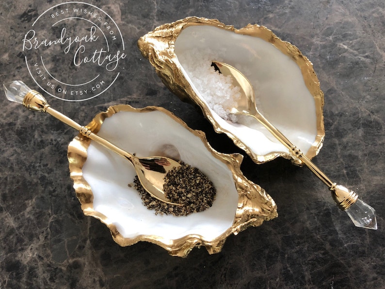 Pair of Gold Oyster Shell Salt & Pepper cruet dishes with golden spoons | Salt Cellar Pinch pots | Cruet Set made in UK by Brandyoak Cottage