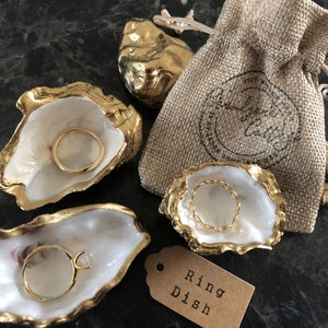 Mini Oyster Ring Dish or Stud Earring Dish. Very small natural gift, gilded oyster shell, gold shell ring dish | Beach Gift Handcrafted UK