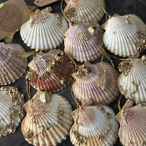 May include: A collection of 12 seashell ornaments, each with a gold-painted design. The shells are a natural beige color with pink and white accents. The ornaments are strung with gold twine and have a gold tassel.