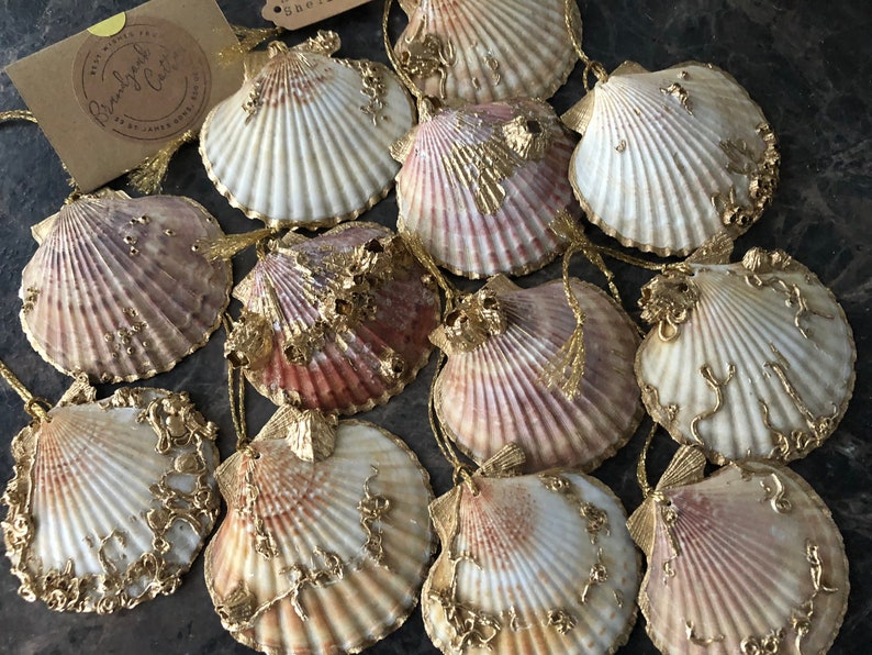 May include: A collection of 12 seashell ornaments, each with a gold-painted design. The shells are a natural beige color with pink and white accents. The ornaments are strung with gold twine and have a gold tassel.