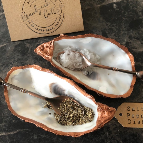 Pair of Copper Oyster Shell Salt & Pepper dishes with salt spoons | Cruet Salt Cellar Pinch pots | Copper Anniversary Gift | Salt Gift | UK