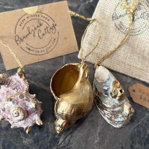 May include: Three decorative hanging shells with gold string. One shell is pink and gold, the second is gold, and the third is white, blue, and gold. A small tag reads "Hanging Shells."