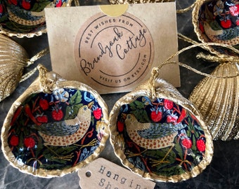 Festive Gold Cockle Shell Christmas Decorations | William Morris Strawberry Thief Decorations | Bird Christmas Shell Decorations UK