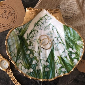 Lily of the Valley Jewellery Dish | Lily of the Valley Ring Dish | Lily of the Valley Gift | Decoupaged Scallop Shell Dishes Upcycled Gifts