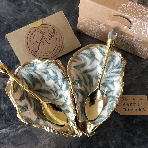 William Morris Willow Bough Gift Set of Oyster Shell Salt & Pepper Dishes + Spoons, New Home Gift, Salt Anniversary Gift Cruet Set Gift