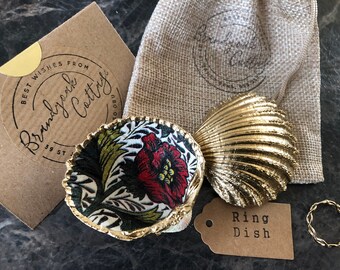 Single or Perfect Pair Gold Cockle Shell Ring Dish in William Morris Poppies Red Green | Wedding Ring Holder Proposal Presentation Box Gift