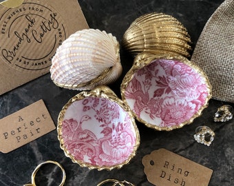 Golden Cockle Shell Mini Ring Dish in Burleigh Asiatic Pheasant Chinoiserie Red & White | Single or Perfectly Paired Shell Ring Box Wedding