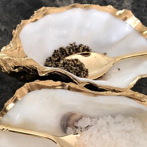 Brandyoak Cottage Pair of Gold Oyster Shell Salt & Pepper cruet dishes with golden spoons