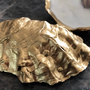 Op de afbeelding: Een gouden geverfde oesterschelp met een getextureerd oppervlak. De schelp heeft een natuurlijke, organische vorm en is perfect om kleine voorwerpen te presenteren.