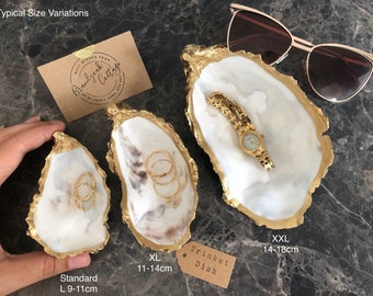 Set of 3 White & Gold Oyster Shell Trinket Dishes Standard, XL extra large + XXL Giant | Ring or Jewellery Dish | Proposal Gift | UK Crafted