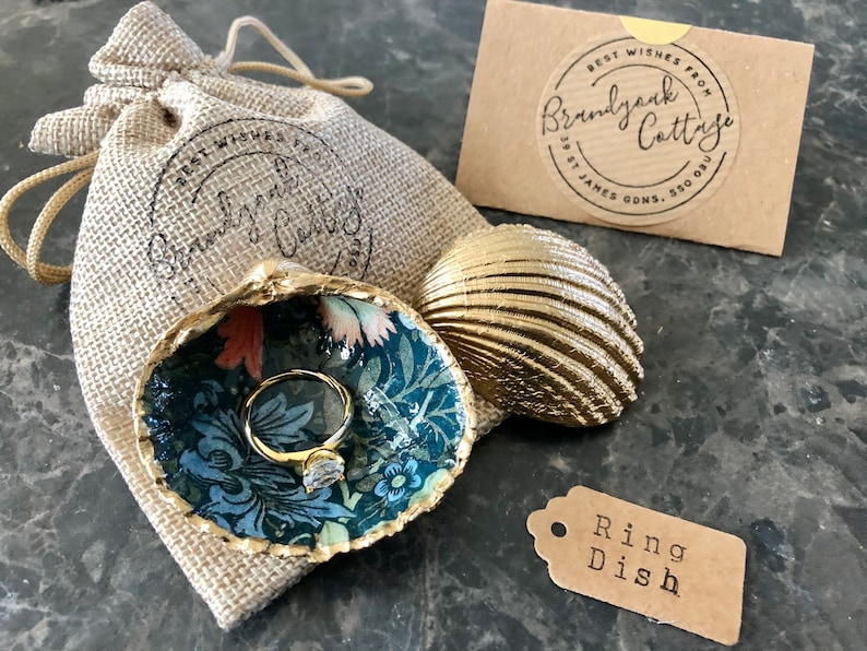 Mini Gold Shell Ring Dish Red /& Blue Floral Ring Holder or Proposal Presentation Box in William Morris Compton Handcrafted in UK