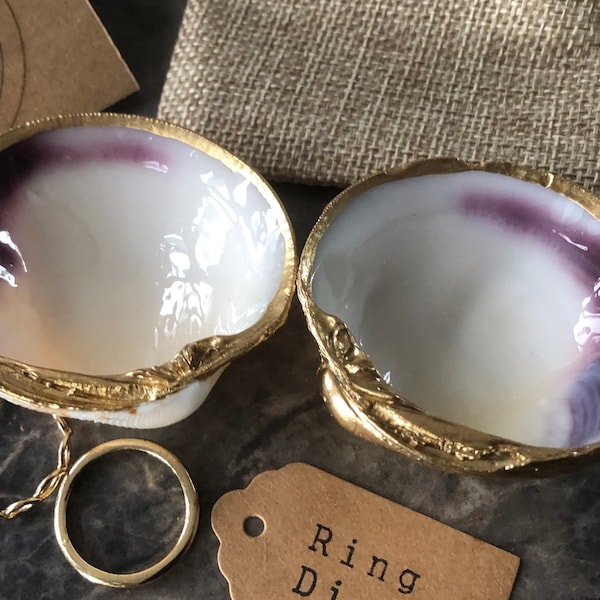 Gilded Clam Shell Ring Dish | Natural Purple & Gold Hard Clam Shell | Gilded Quahog Shell Ring Dish, Wampum Shell Dish | Crafted in UK